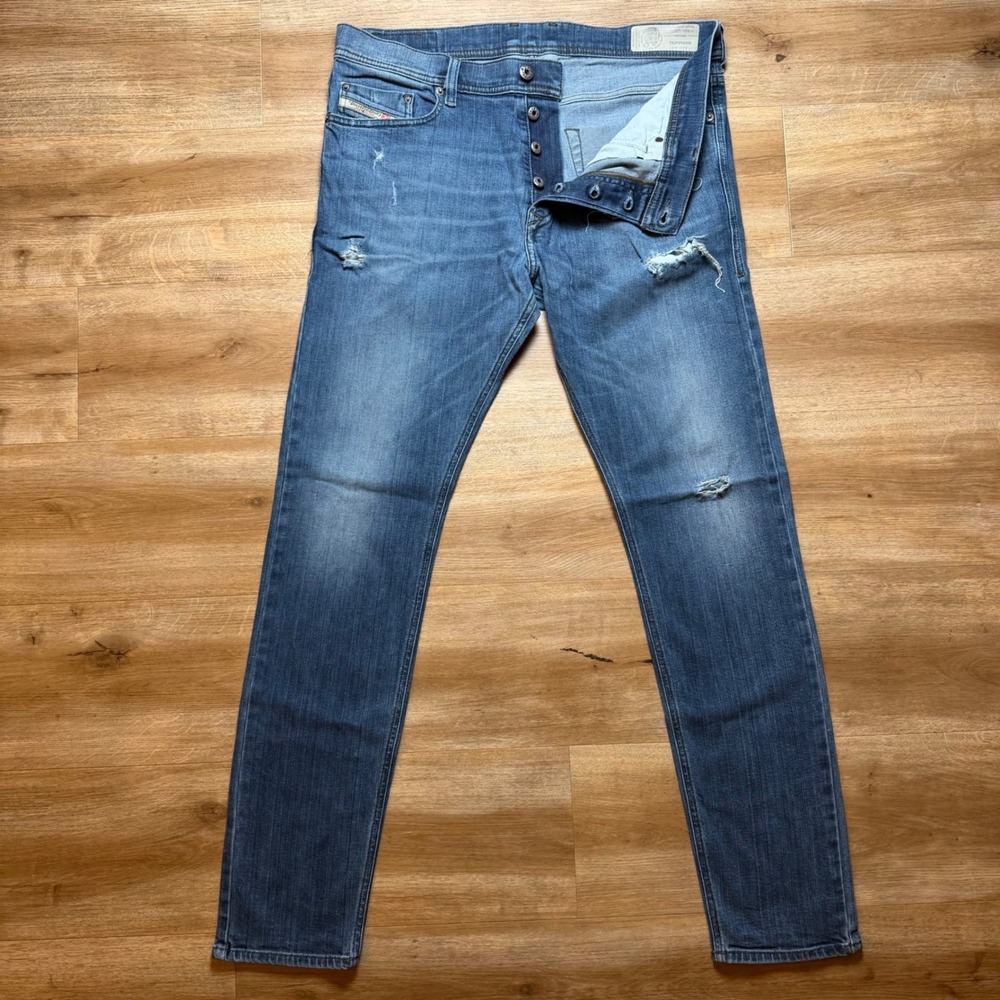 Diesel Tepphar Jeans Mens 34x32 Blue Slim Carrot Stretch Thrash Distressed R14J8